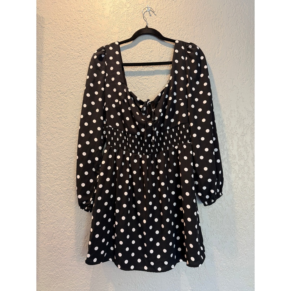 Urban Outfitters Black White Polka Dot Smocked Mini Dress Long Puff Sleeve M